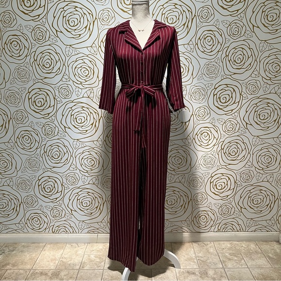 bobeau Pants - NWT Bobeau Burgundy and Ivory Striped Jumpsuit